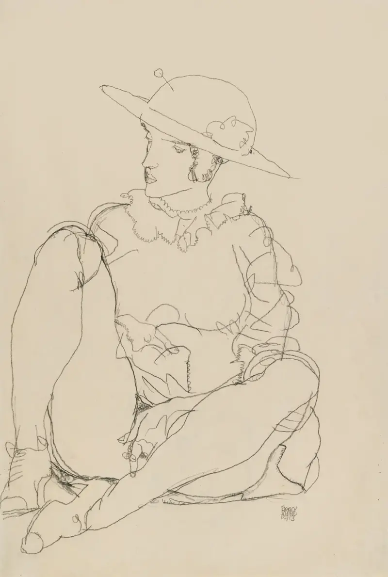 Sitzendes Mädchen mit Hut, onanierend von Egon Schiele