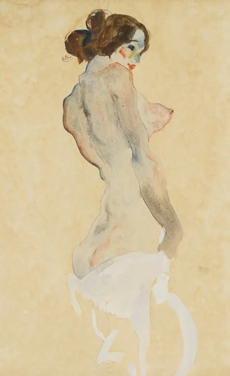 Stående akt med vitt tyg av Egon Schiele