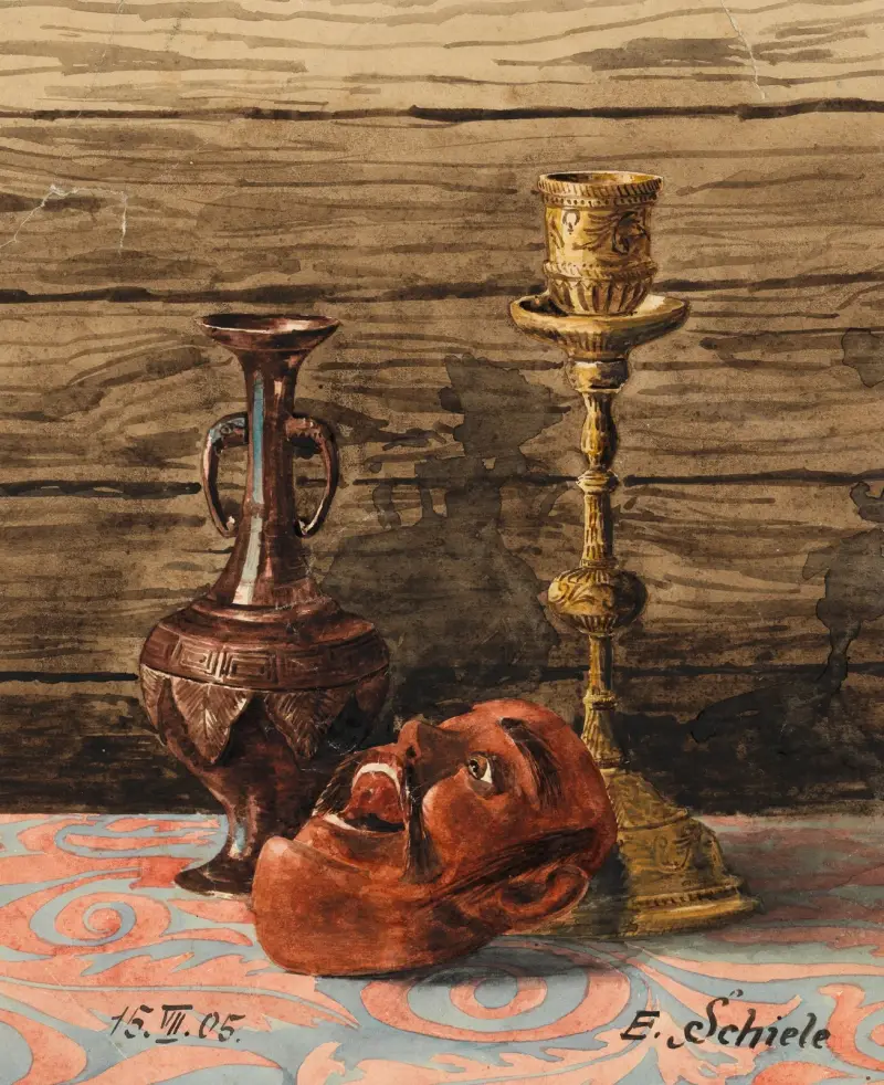Stilleben med ljusstake, vas och mask av Egon Schiele