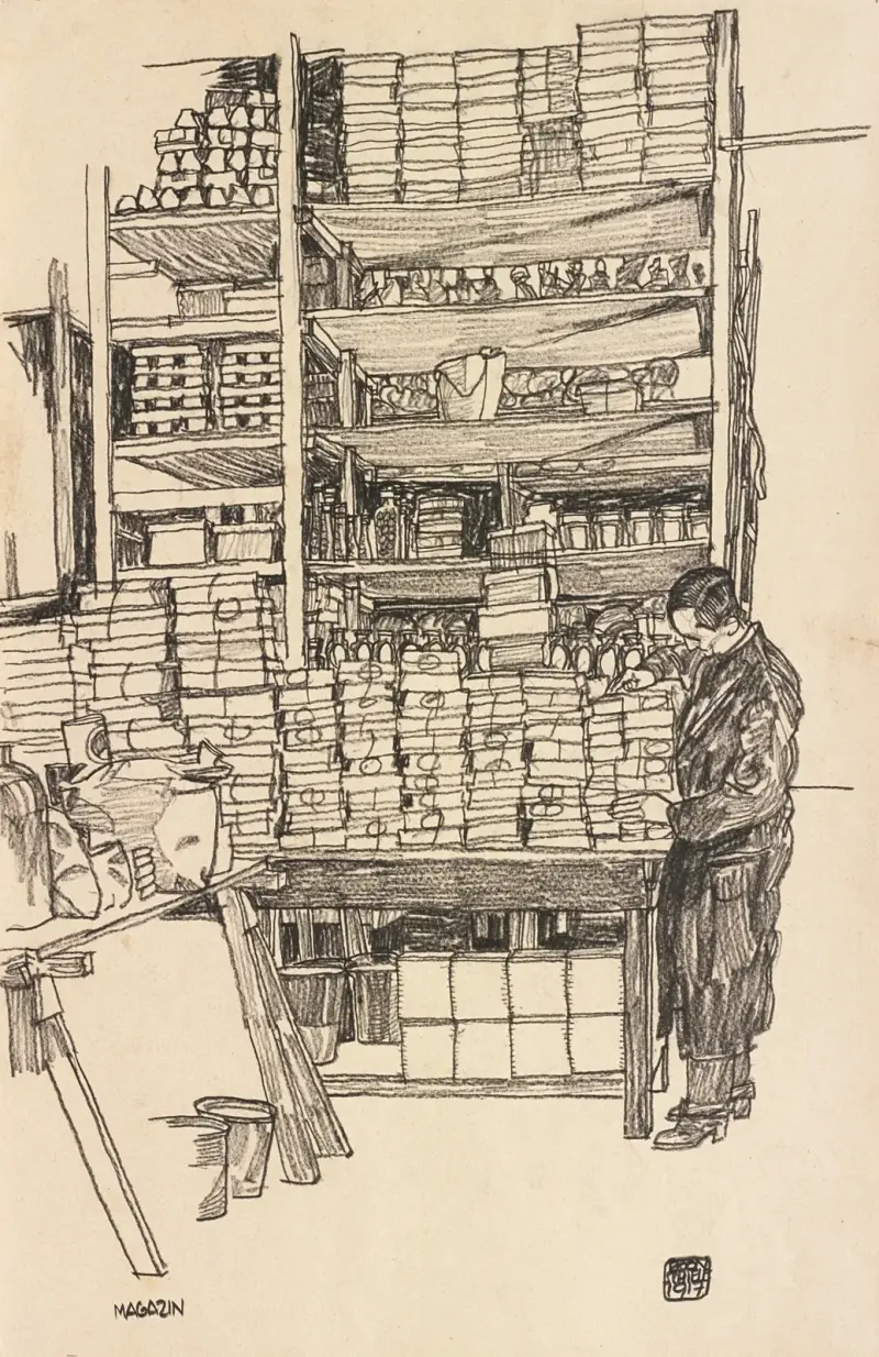 Förråd; Lagerrum med civil arbetare i Wien, Schottenfeldgasse av Egon Schiele