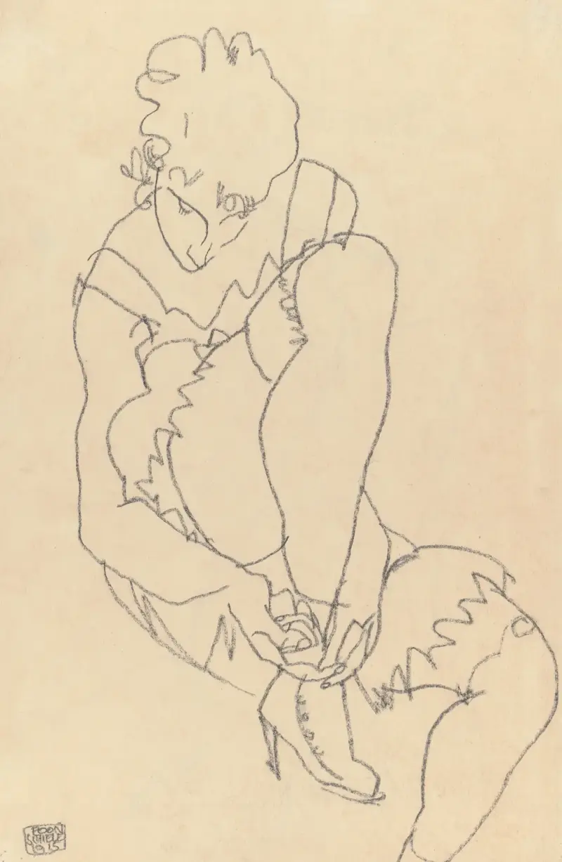 Woman Buttoning Her Shoes av Egon Schiele