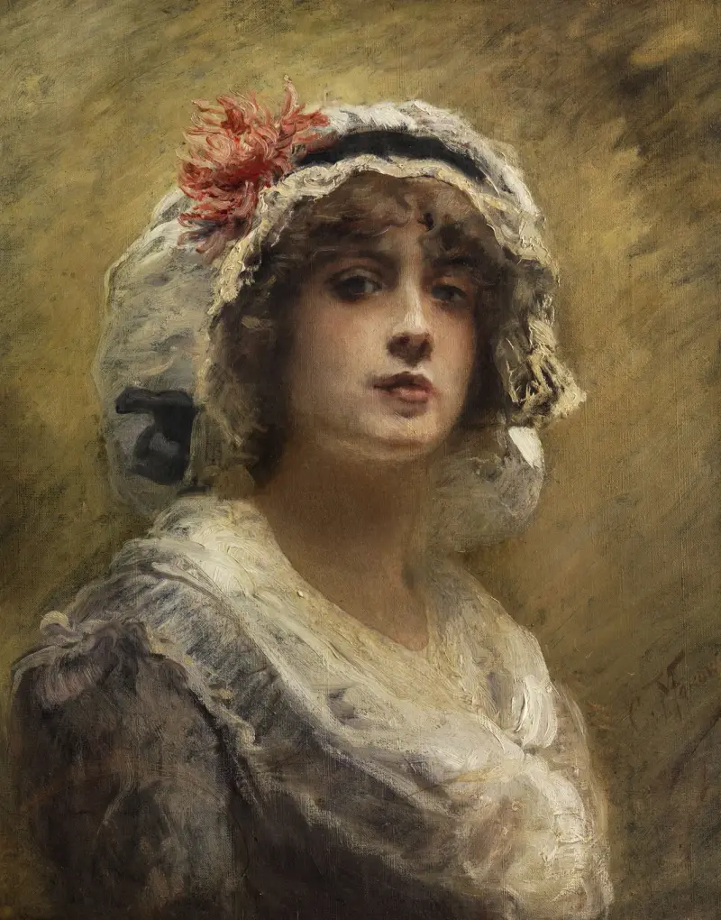 Porträtt av en ung flicka med vit huvudduk av Konstantin Egorovich Makovsky
