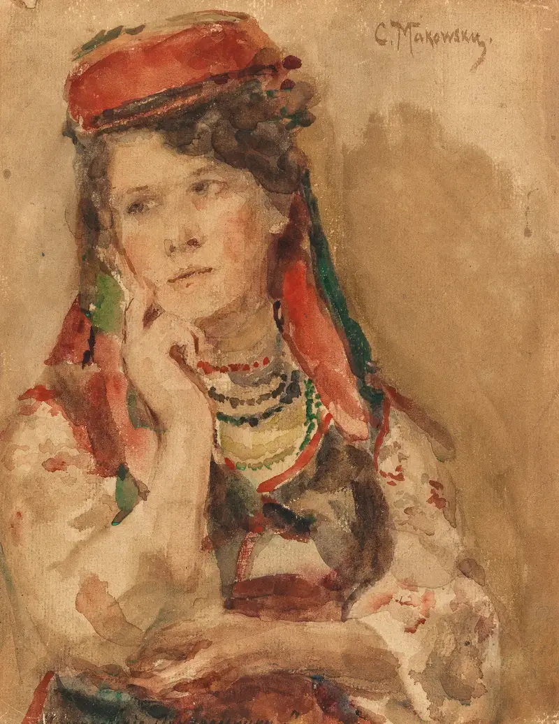 Porträtt av ung dam i traditionell dräkt av Konstantin Egorovich Makovsky