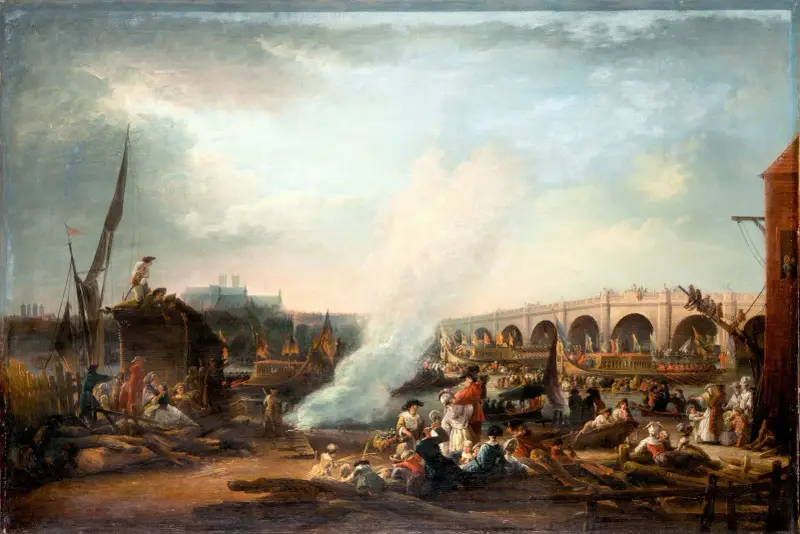 Westminster Bridge och Themsen vid kung Kristian VII av Danmarks procession 1769 av Elias Martin