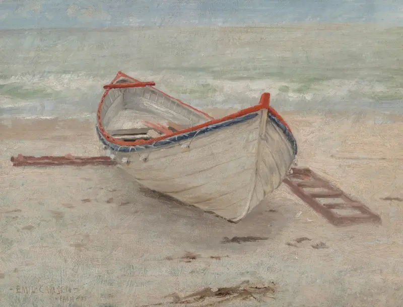 Fiskebåt på stranden av Emil Carlsen