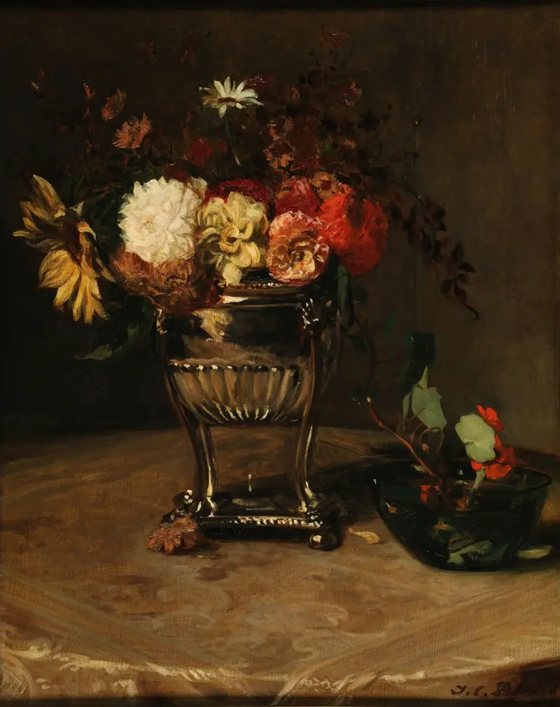 Dahlior och kapucinerkrasse i silverurna, 1906 av Jacques-Émile Blanche