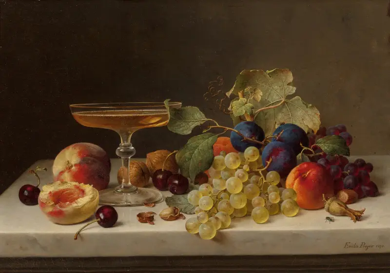 Stillleben mit Sommerfrüchten und Champagner von Emilie Preyer