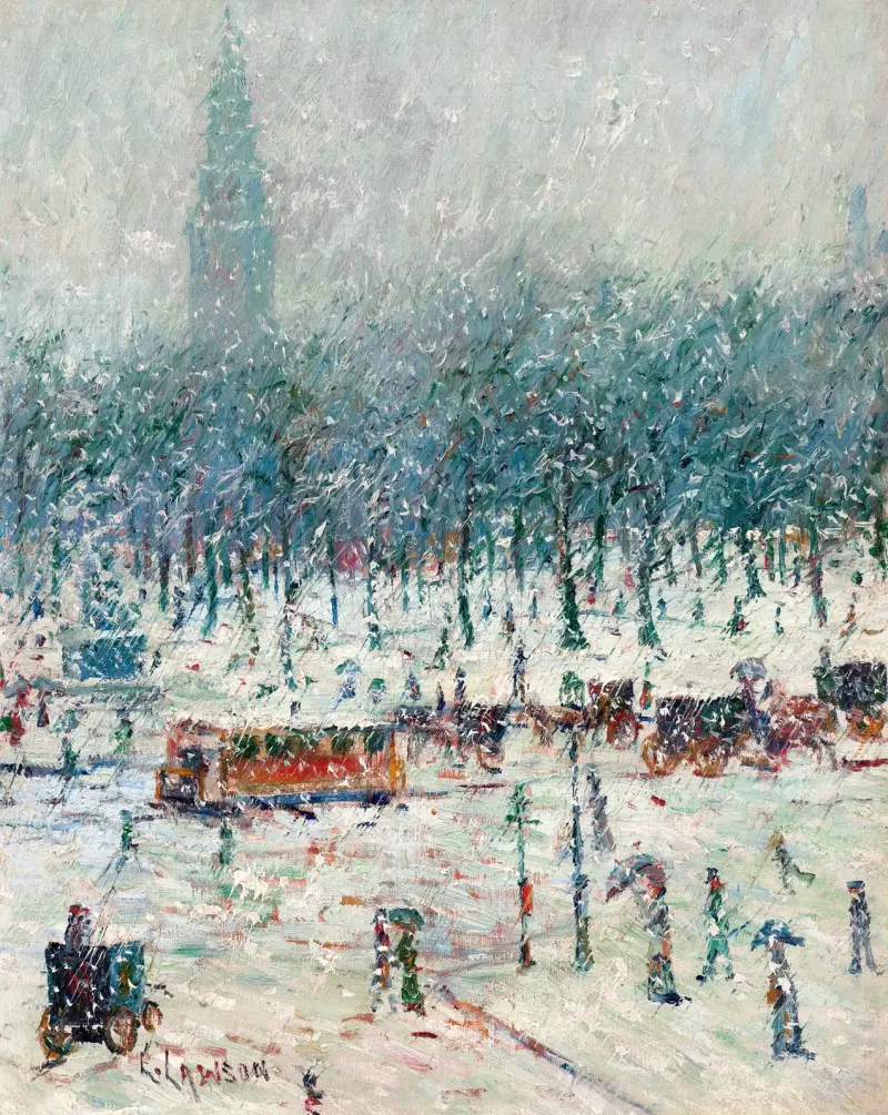 Vinter – snöscen i New York med Madison Square Garden i fjärran av Ernest Lawson