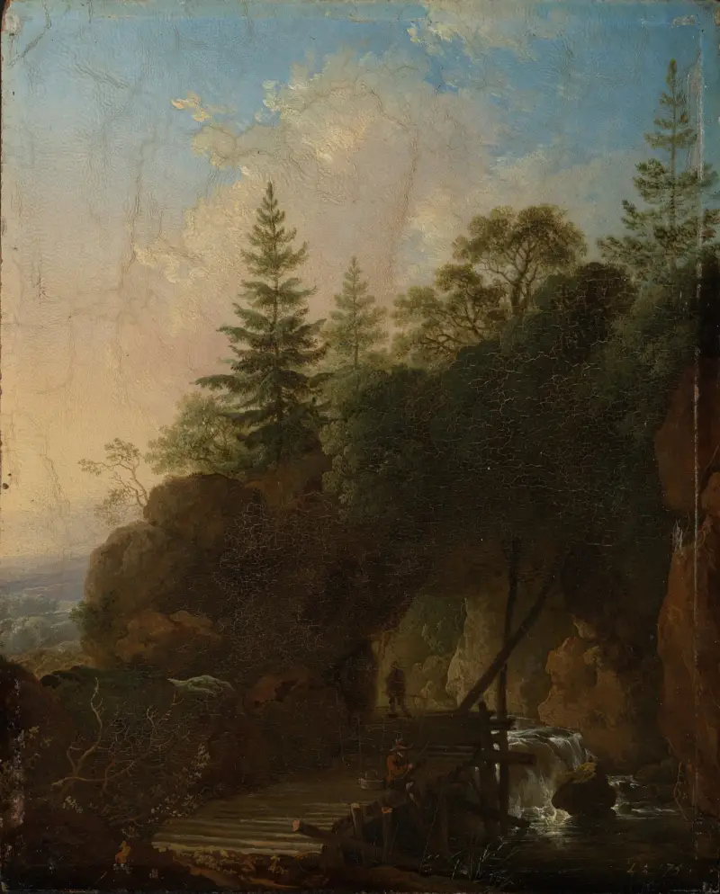 Gebirgslandschaft mit Wasserfall und hölzerner Brücke von Christian Wilhelm Ernst Dietrich