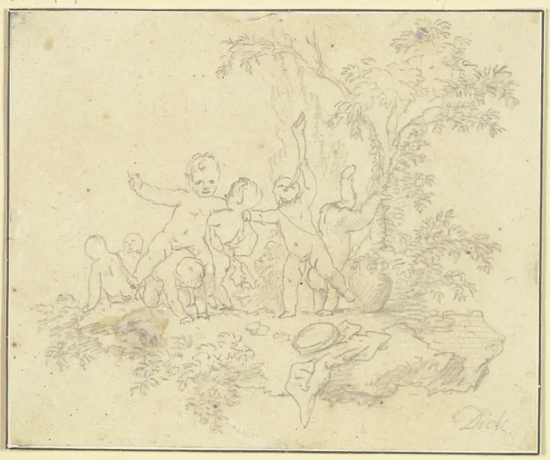 Sju lekande putti under ett träd av Christian Wilhelm Ernst Dietrich