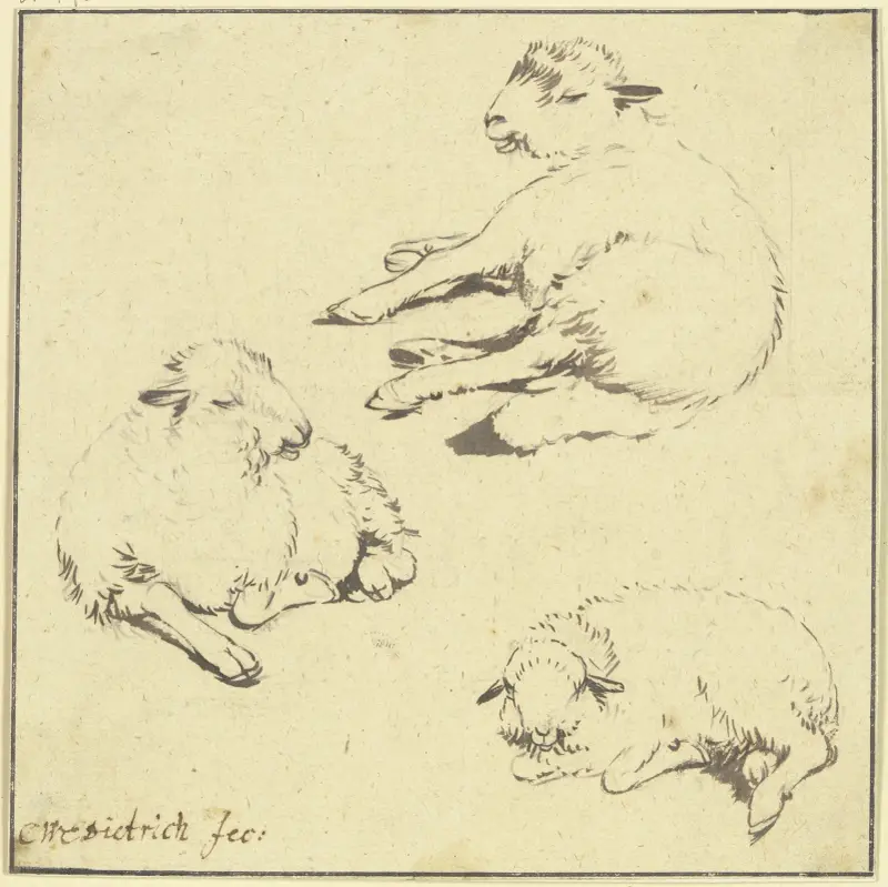 Three resting sheep av Christian Wilhelm Ernst Dietrich