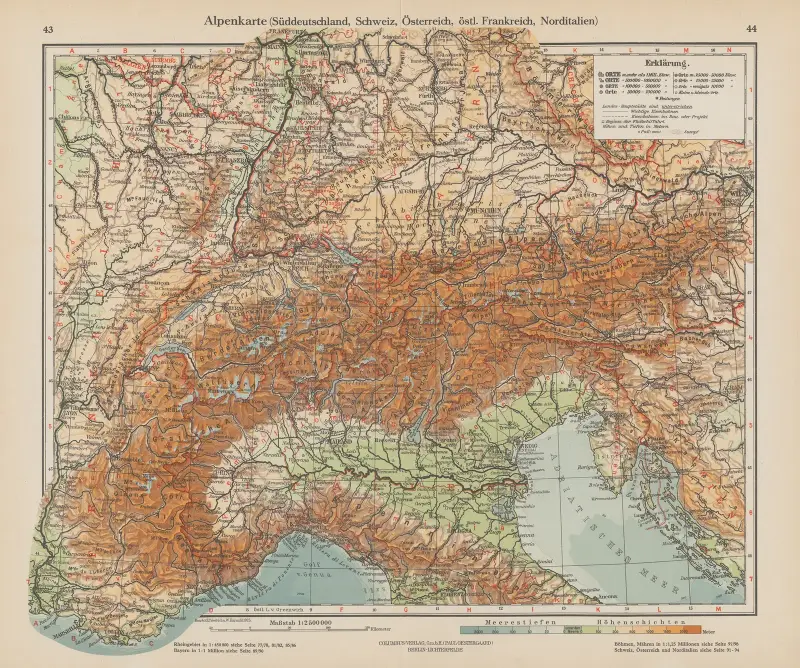 Mapa Alp (Niemcy Południowe, Szwajcaria, Austria, wschodnia Francja, północne Włochy), Ernst Friedrich