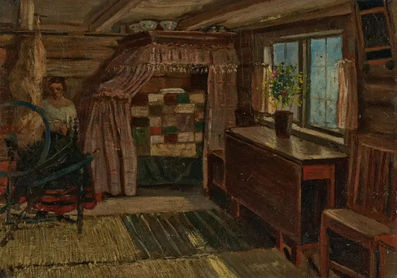 Stuginteriör; en kvinna som spinner av Ernst Josephson