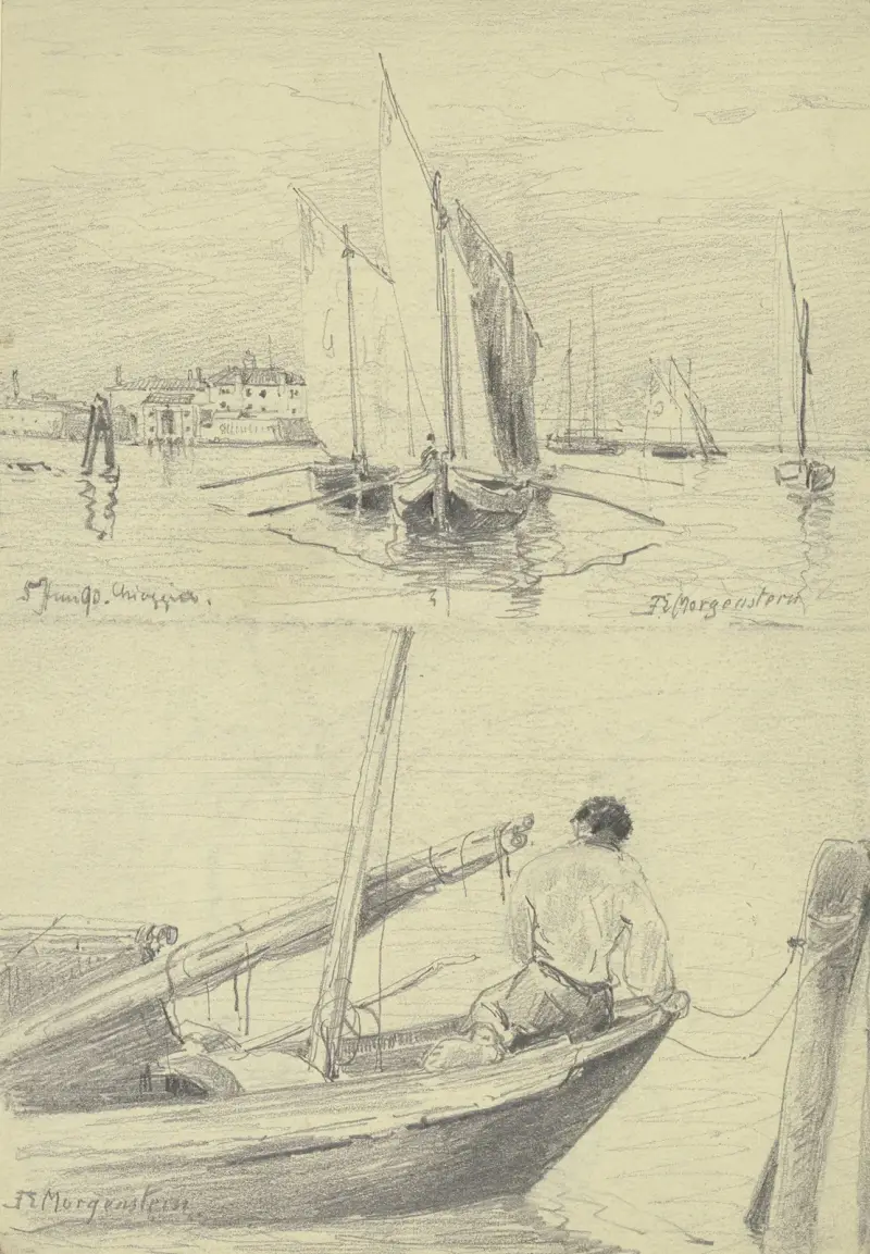 Studieblad; fiskebåtar vid Chioggia av Friedrich Ernst Morgenstern