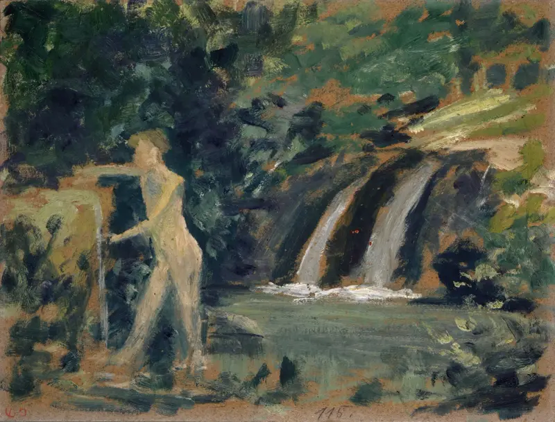 Badande pojke i en flod i skogen av Ernst Schiess