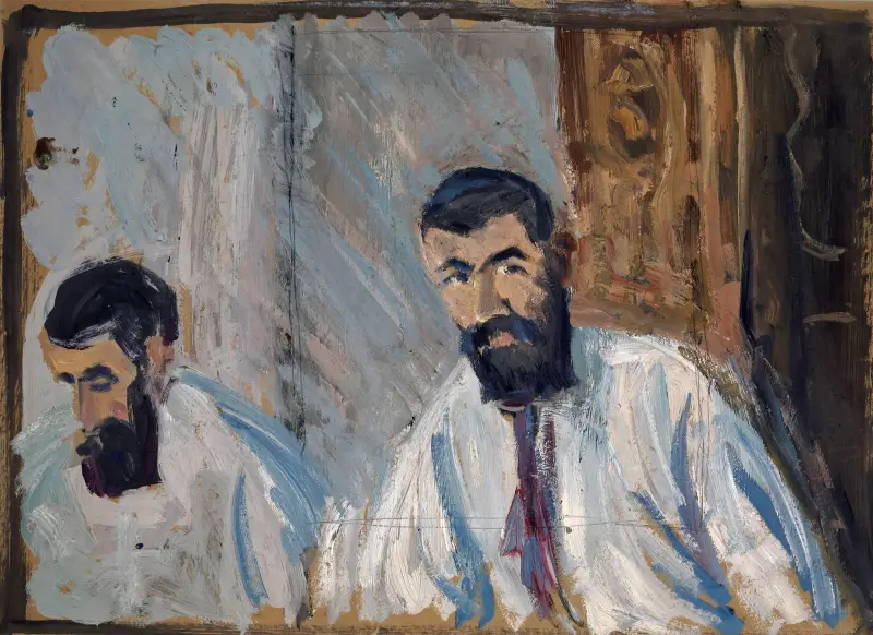 Doppelporträt eines bärtigen Mannes in weißem Hemd von Ernst Schiess