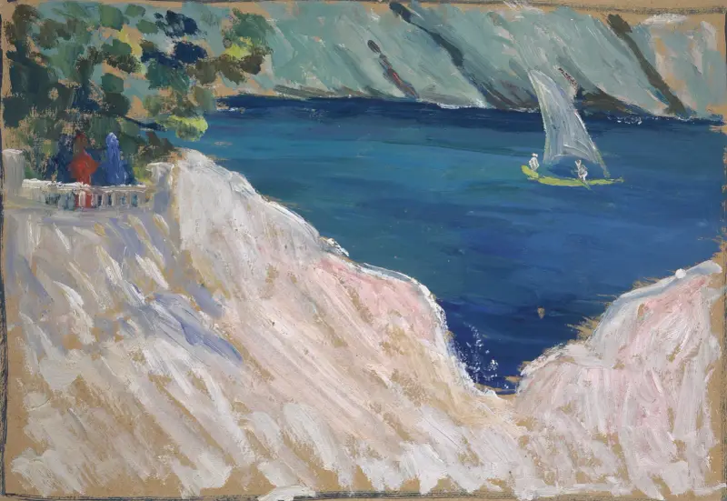 Meeresbucht mit Segelboot von Ernst Schiess