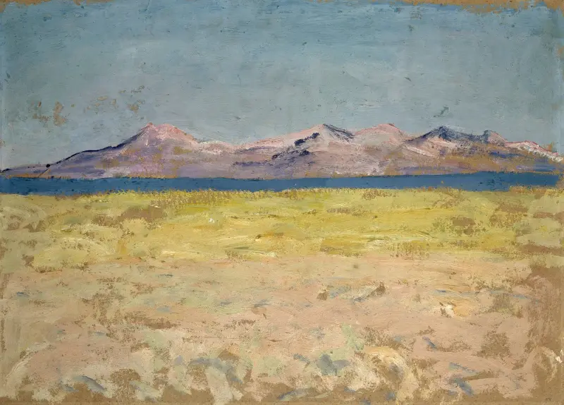 Havsstrand med smal havsvik och avlägsen kullrig horisont av Ernst Schiess