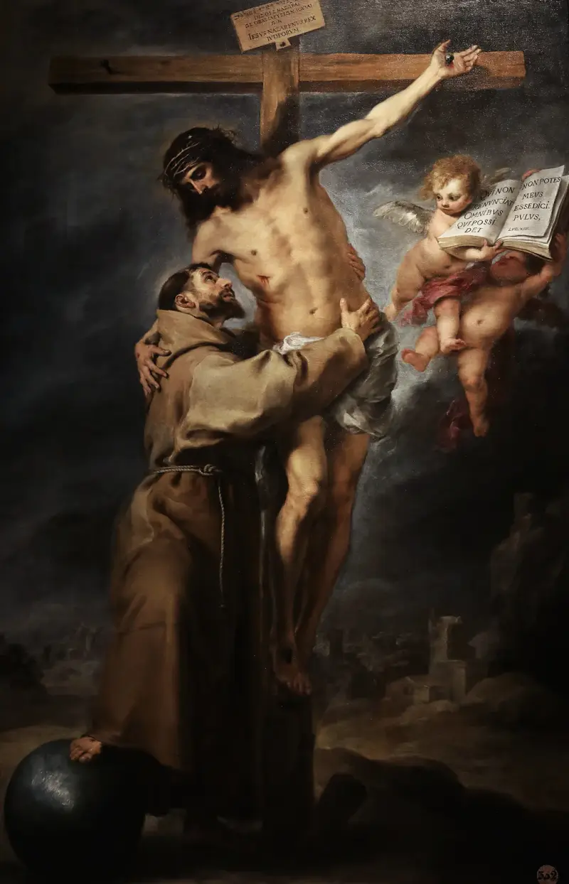 Den helige Franciskus av Assisi omfamnar den korsfäste Kristus av Bartolomé Estebán Murillo