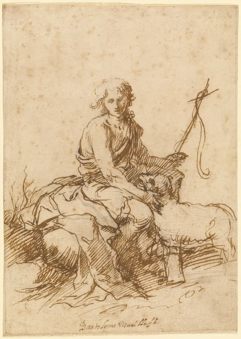 Den unge Johannes Döparen sittande i ett landskap av Bartolomé Estebán Murillo