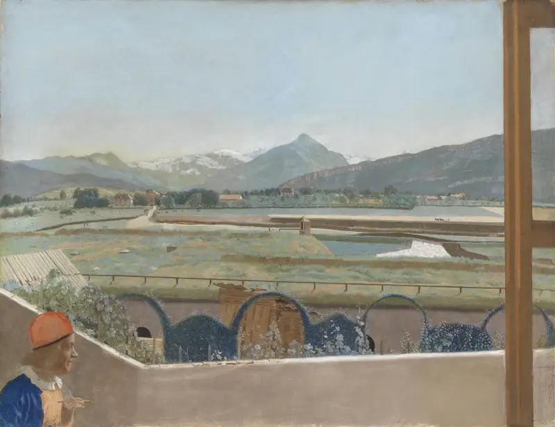 Utsikt mot Mont Blanc-massivet från konstnärens ateljé i Genève, med självporträtt av Jean-Etienne Liotard