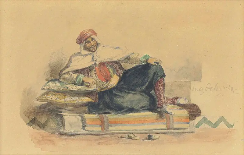 Ein Berber auf einer niedrigen Couch sitzend von Eugène Delacroix