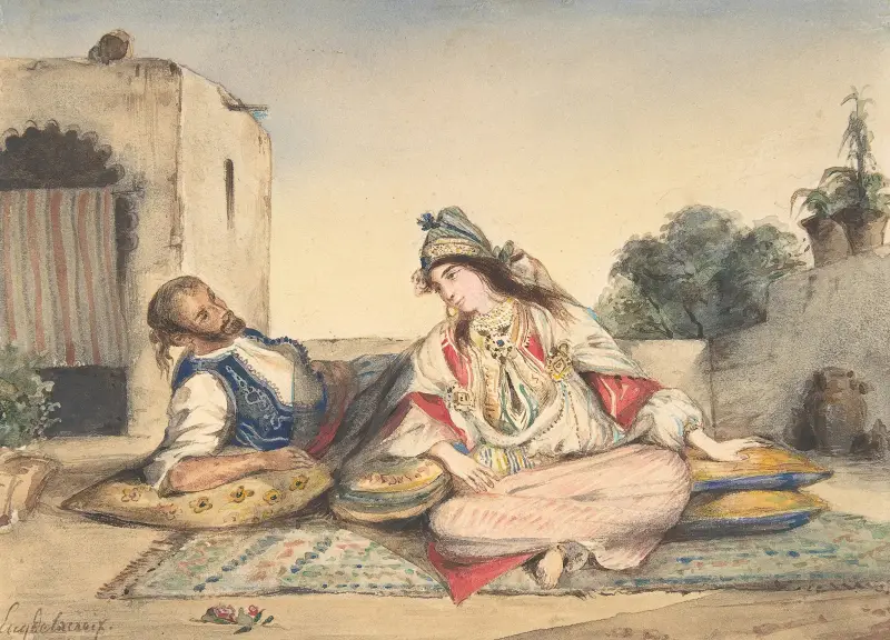 Ett marockanskt par på sin terrass av Eugène Delacroix