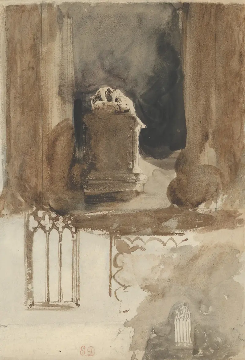 En grav och fönsterstudier i kyrkan i Valmont Abbey av Eugène Delacroix