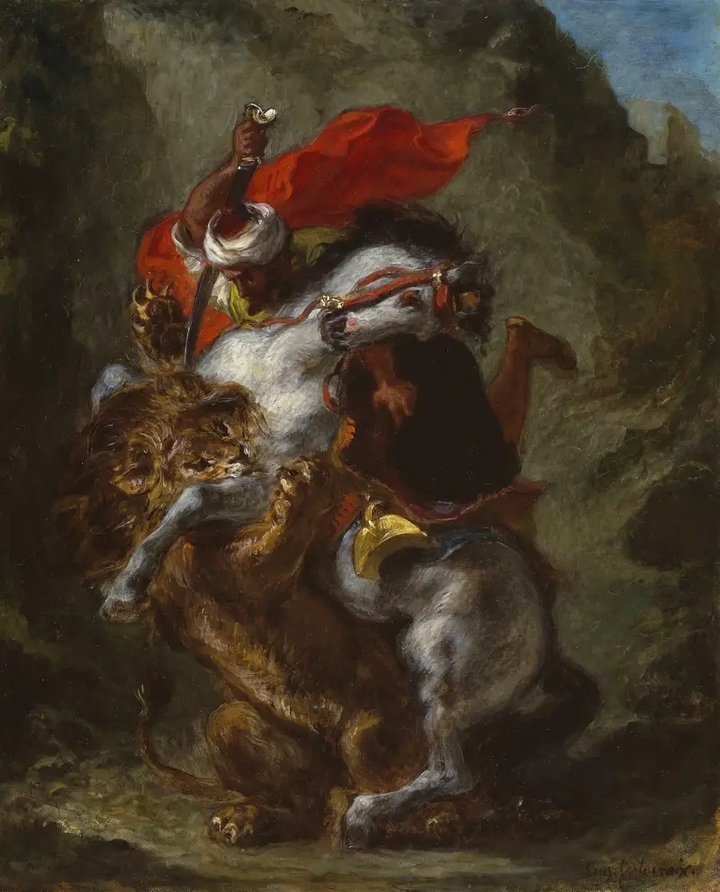 Arabisk ryttare angripen av ett lejon av Eugène Delacroix