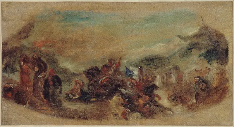 Attila följd av sina barbariska horder trampar Italien och konsten under fötterna av Eugène Delacroix