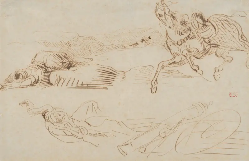 Fallna krigare och en skenande häst av Eugène Delacroix