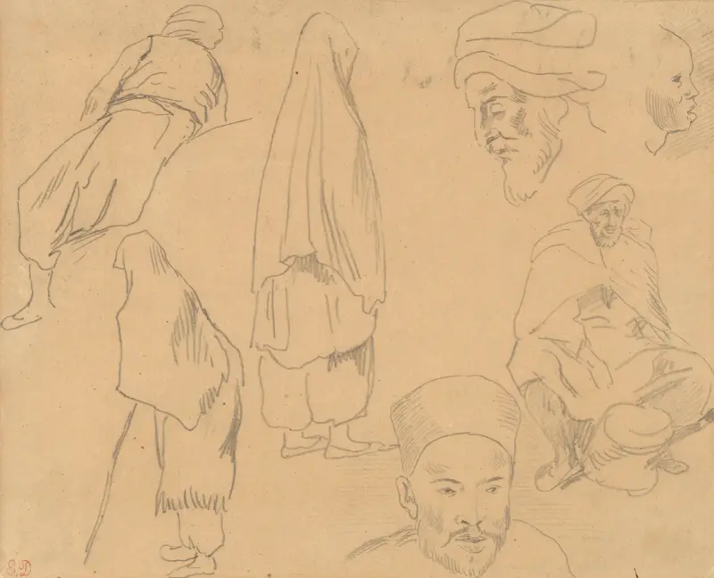 Vier Figurenstudien von Beduinen und drei Kopfstudien von Eugène Delacroix
