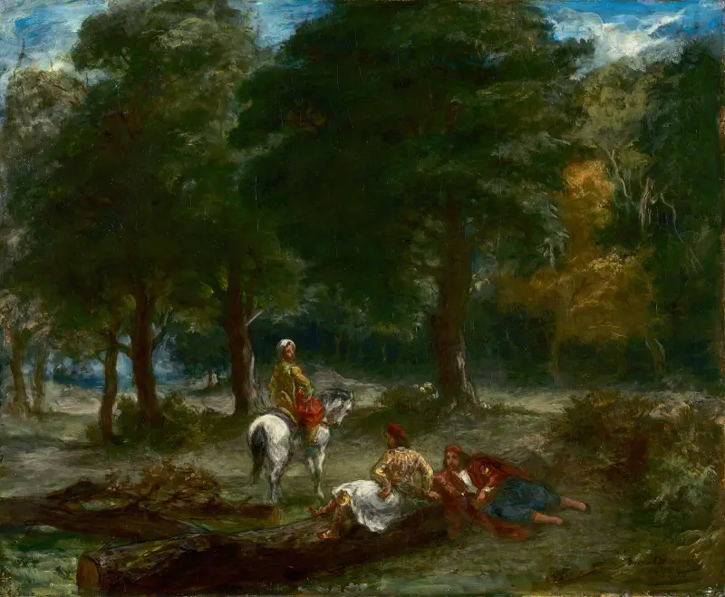 Grekiska kavallerister vilar i skogen av Eugène Delacroix