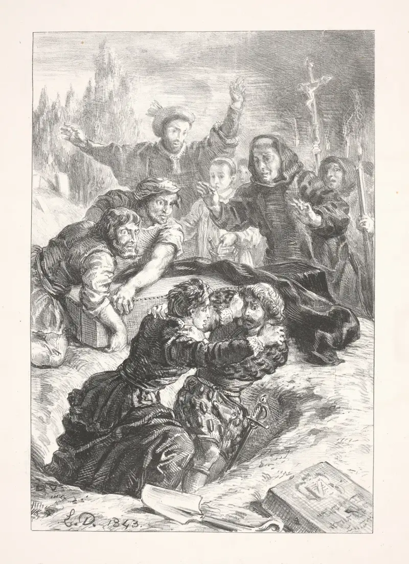 Hamlet och Laertes slåss i graven (akt V, scen I) av Eugène Delacroix