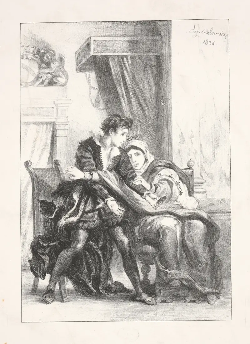Hamlet and the Queen (Act III scene iv av Eugène Delacroix