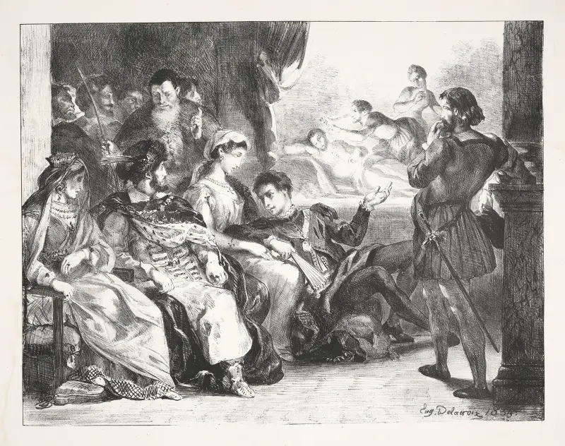 Hamlet lässt die Schauspieler die Szene der Vergiftung seines Vaters spielen (Akt III, Szene ii) von Eugène Delacroix