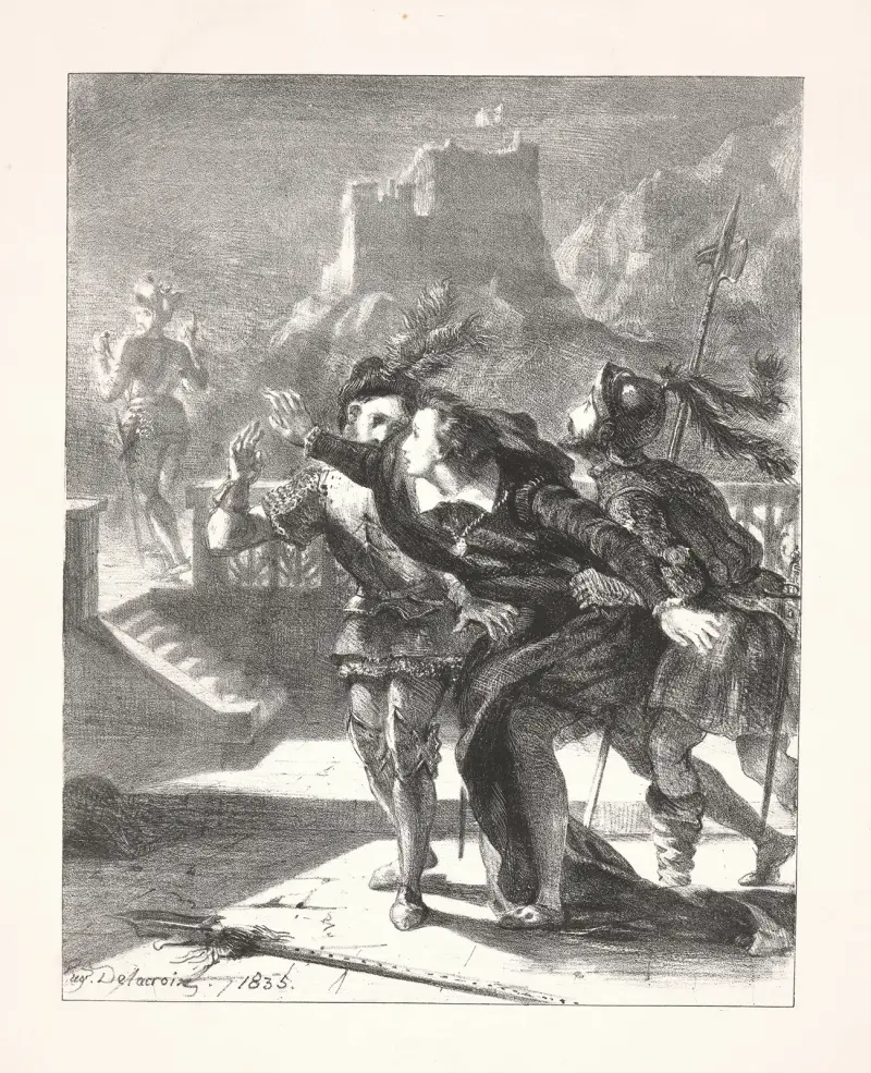 Hamlet will dem Geist seines Vaters folgen (Akt I, Szene IV) von Eugène Delacroix