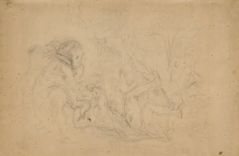 Herkules kastar Diomedes för sina egna hästar av Eugène Delacroix
