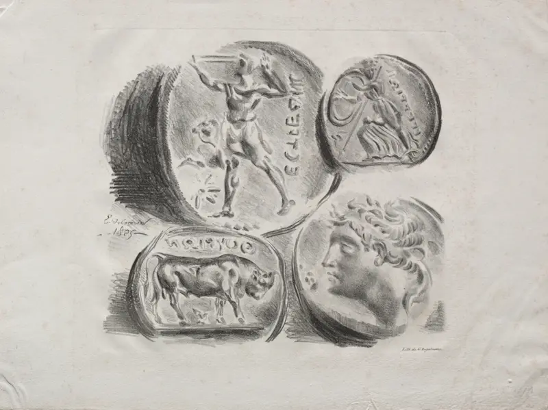 Ark med fyra antika medaljer av Eugène Delacroix