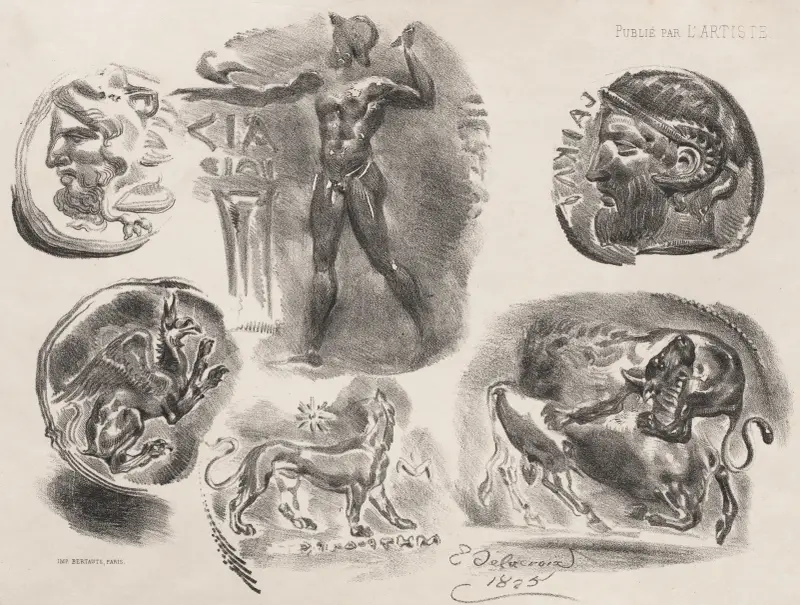 Blatt mit sechs antiken Münzen von Eugène Delacroix