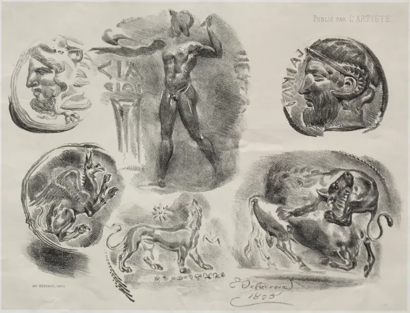 Sheet with Six Antique Medals av Eugène Delacroix