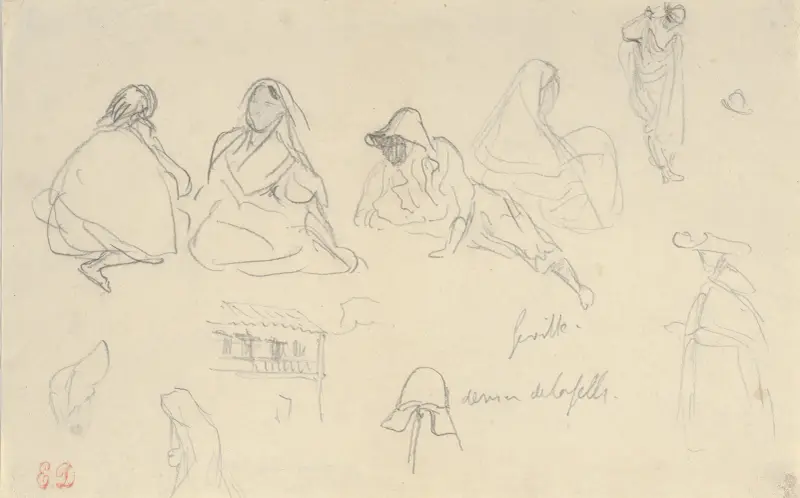 Skisser av figurer och en byggnad med tegeltak, Sevilla av Eugène Delacroix