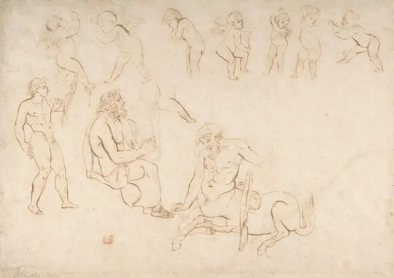 Stående naken atlet; sittande man med lyra; kentaur; och sju putti (tre med vingar) av Eugène Delacroix