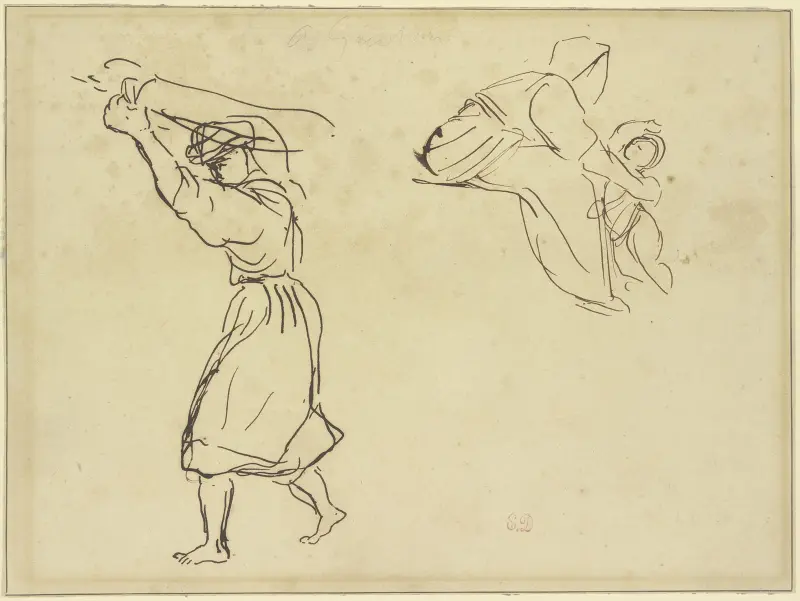 Studienblatt; Araber, ein Tuch schwingend; Mutter und Kind av Eugène Delacroix
