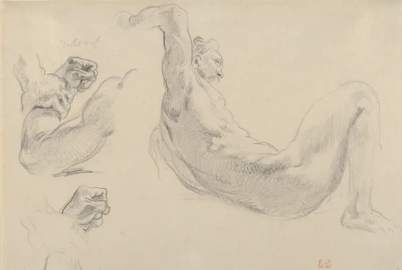 Studier av en fallen manlig nakenmodell för ”Herkules och Diomedes hästar” av Eugène Delacroix