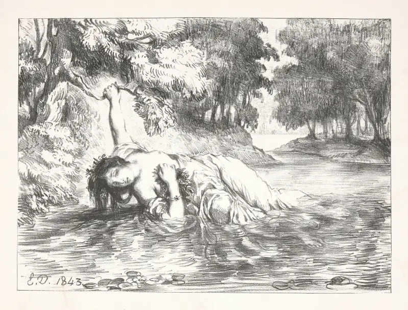 Ofelias död (akt IV, scen vii) av Eugène Delacroix