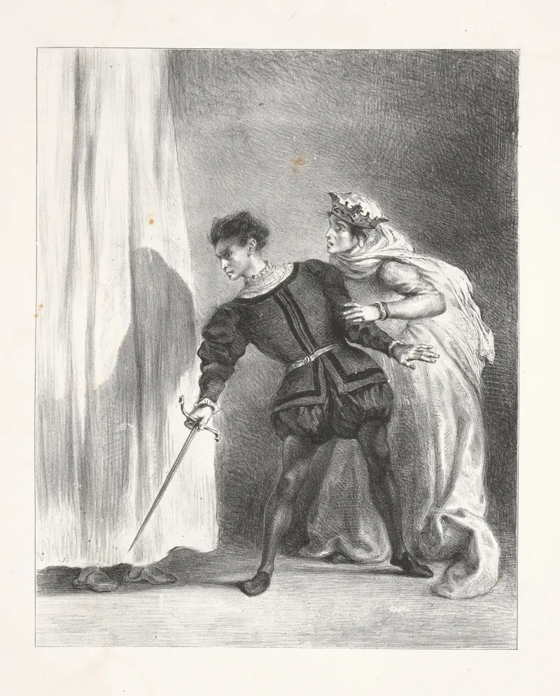 Mordet på Polonius (akt III, scen iv) av Eugène Delacroix