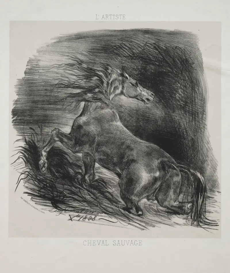 Den vilda hästen, eller Den skrämda hästen som lämnar vattnet, 1828 – nr 2 av Eugène Delacroix