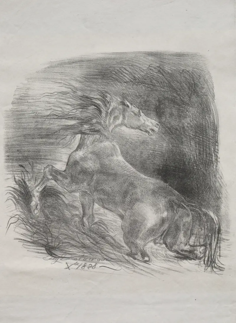 Den vilda hästen, eller Den skrämda hästen som lämnar vattnet, 1828 – nr 1 av Eugène Delacroix