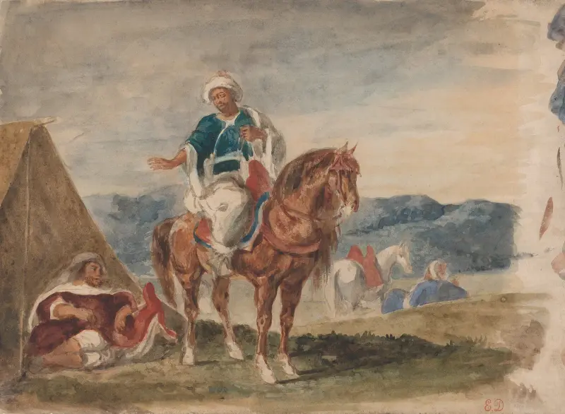 Tre arabiska ryttare vid ett läger av Eugène Delacroix